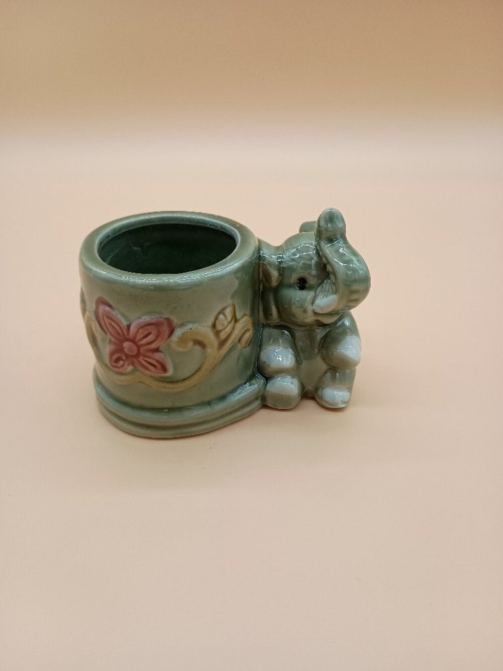 Vintage Baby Elephant Planter Small Trunk Up Ceramic Green Pink Yellow